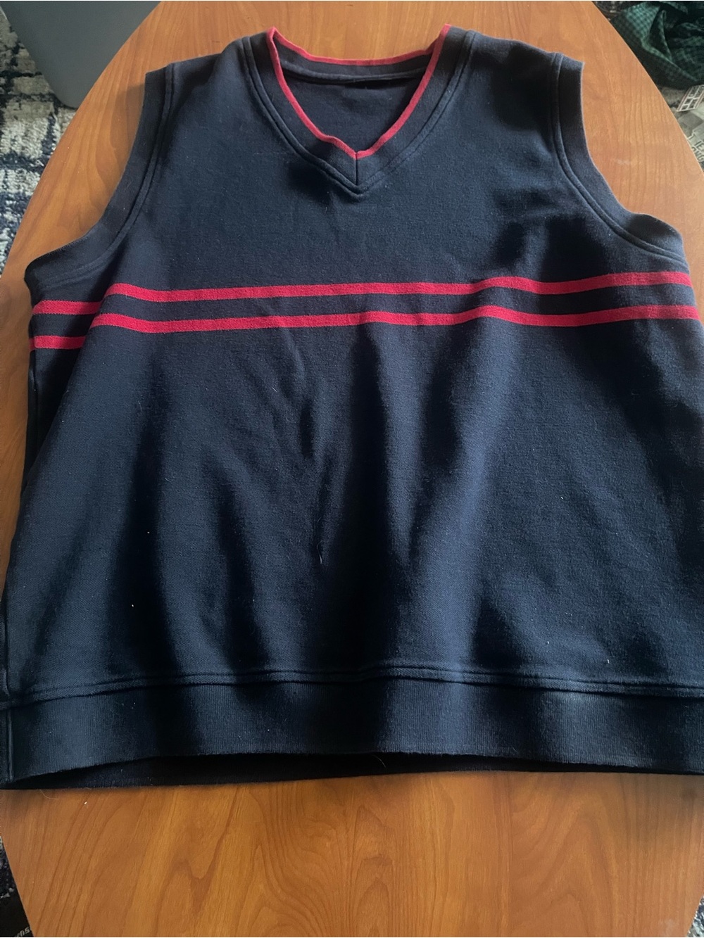 Men's Navy V-Neck Sweater Vest with Red Stripe